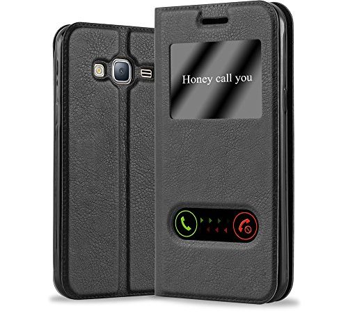 Cadorabo Coque pour Samsung Galaxy J3 / J3 DUOS 2016 en Noir COMÈTE - Housse Protection avec Stand Horizontal et Deux Fenêtres - Portefeuille Etui Poche Folio Case Cover