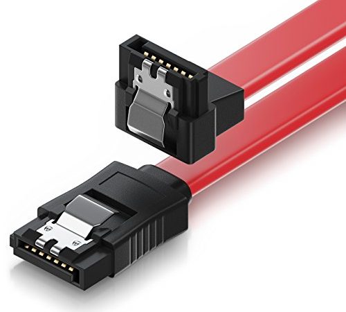 deleyCON 0,3m SATA III Câble S-ATA 3 Câble de Données HDD SSD Câble de Raccordement Câble de Connexion Un Clip en Métal 6 Gb/s 1x Fiches Droites 1x 90° de Type L - Rouge