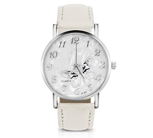 Femmes Quartz Montre Femme Analogique Ronde Montres PU Cuir Bracelet Mode Simple Papillon Conception Montre-Bracelet(Blanc)