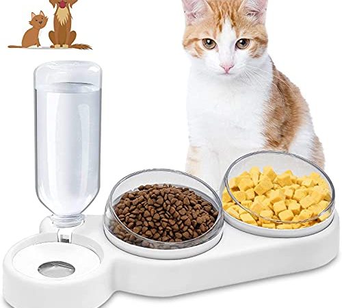 Gamelles pour Chats, 3 en 1 à Stockage D'eau Automatique Bols pour Chat, Inclinable à 15° Double Gamelle Chat Surélevée, Anti-Vomissements, Anti-Dérapant Bols de Nourriture Pour Animaux de Compagnie