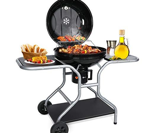 Gifort Barbecue Charbon de Bois, BBQ Grill, Barbecue Fumoir Rond Portable Ø 58 cm avec Couvercle, Roues et Compartiment de Rangement pour Jardin Camping Exterieur, Noir