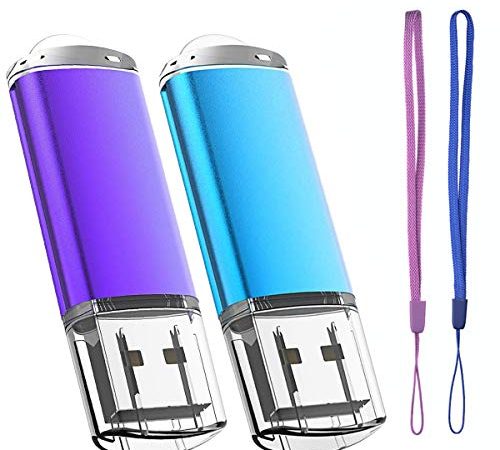 Lot de 2 Cle USB 64 Go Cléf USB 2.0 Flash Drive Stockage Disque Mémoire Stick Pendrive avec Cordes (Bleu/Violet 64GB)