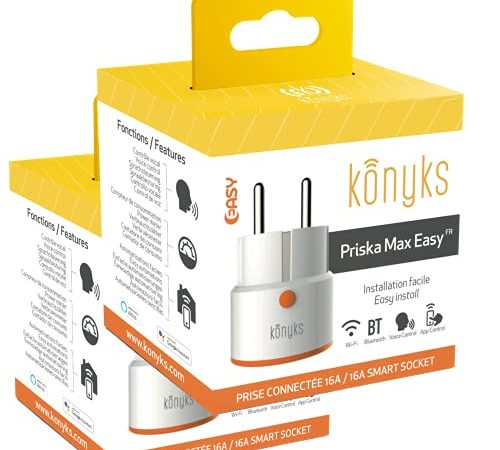 Prises connectées Konyks Priska Max Easy FR - Lot de 2 - WiFi + Bluetooth, 16A, 3680W, compteur de consommation, compatible Alexa et Google Home, automatisations faciles Blanc, Orange,