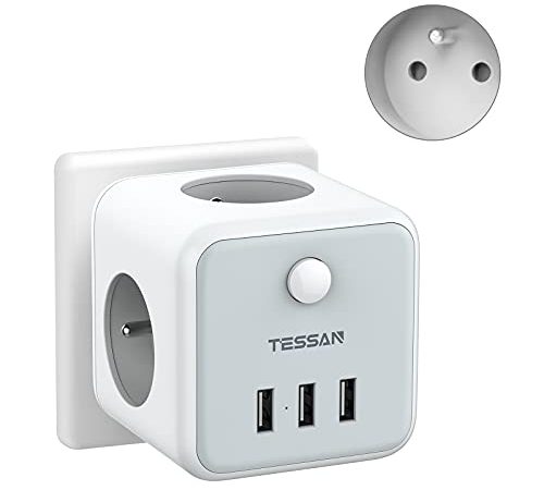 TESSAN Prise USB Multiple, Multiprise Murale Cube 3 Prises avec 3 USB Secteur, 6 en 1 Prise Murale USB Secteur avec Interrupteur, Multiprise Electrique Murale USB Chargeur pour Domicile, Bureau