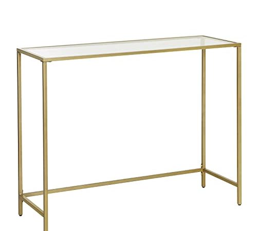 VASAGLE Table Console, Table d’entrée, Bout de canapé, Dessus de Table en Verre trempé, Cadre métallique, Robuste, Pieds réglables, pour Salon, entrée, Couloir, Doré LGT26G