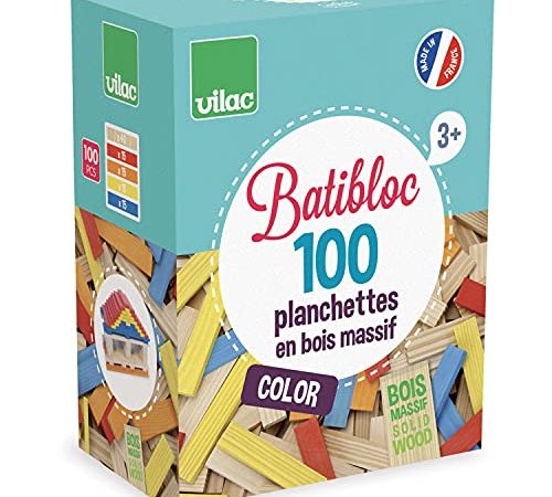 VILAC - jouet en bois -Jeux de construction - Boîte de 100 planchettes en bois massif colorés BATIBLOC COLOR - 2125