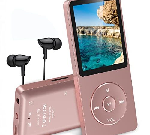 AGPTEK Mp3 Classique 8Go Ultra-Longue Autonomie jusqu'à 70 Heures de Musique avec Un écran de 4,6 cm (Slot Carte mémoire de 64Go), Or Rose