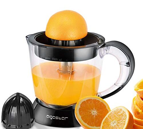 Aigostar Thomas - Presse Agrumes Electrique 40W, Capacité 1L, Sans BPA, Jus Orange Citron Pamplemousse, 2 cônes interchangeables, quantité de pulpe réglable, rotation bidirectionnelle, Noir.