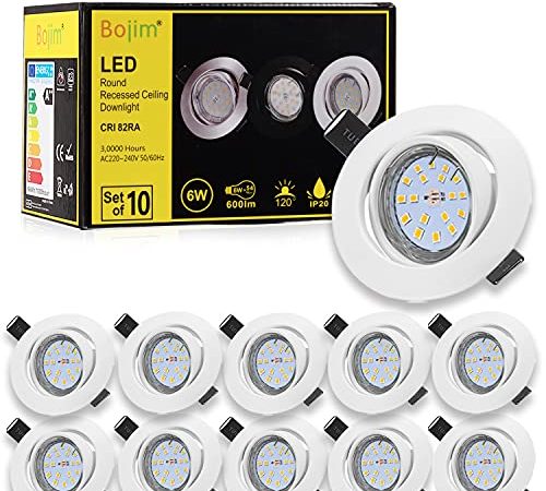 Bojim Spot LED Encastrable Orientable GU10, 10x 6W Blanc Neutre 4500K Lumière du jour Spot de plafond Blanc Mat 600lm Equivalente de 54W 220V, Plafonnier Encastré IP20 30°Orientable 120°d’éclairage