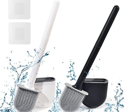 Brosse Toilette Silicone Plate Paquet de 2, Brosse WC et Supports, Balai WC Mural, Kit de brosse de toilette pour salle de bain à séchage rapide ,Brosse WC en silicone noir + blanc