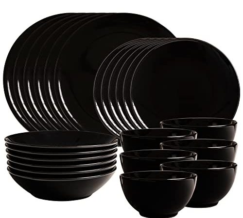 Cesiro Service de table 24 pièces. 6 assiettes à dîner / assiettes à dessert /assiettes creuses/bols. Noir brillant. Lave-vaisselle/Cuisinière électrique/micro-ondes/congélateur