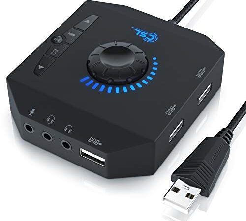 CSL - Carte Son USB Externe - Carte Son avec réglage du Volume USB Hub - Port pour Le Casque, Les écouteurs, Le Microphone - l'égaliseur - Commande d'un Lecteur Audio - Noir