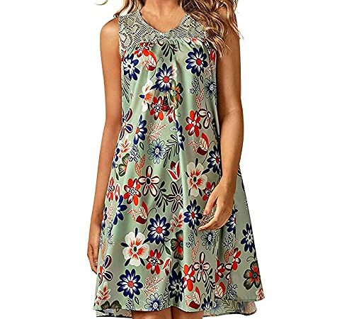 Dasongff Femmes Mini Robe de Plage Grande Taille, Bohémien Col Rond Imprimé Floral Ancien à sans Manches Casual Lâche Été, Robe Vintage Rétro Soirée Fête Mode Vêtements