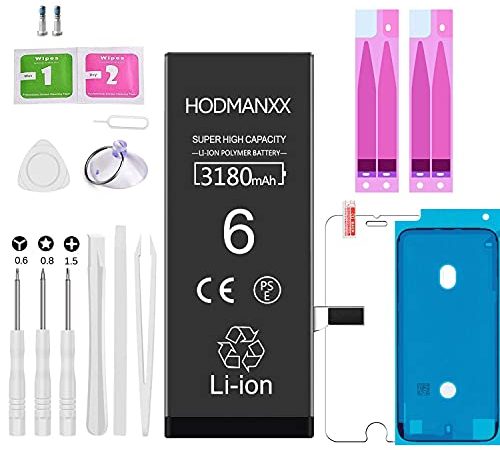 Hodmanxx Batterie Haute Capacité Compatible pour Iphone 6 3180mah Avec Kits D'outil De Réparation, Adhésif, Feuille En Verre Trempé 24 Mois Garantie