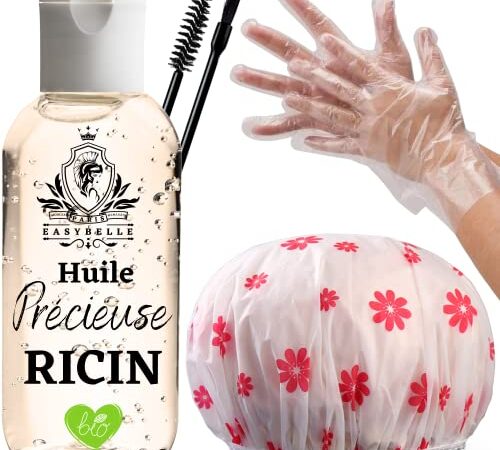 Huile de Ricin Accélère la Pousse, Densifie, Sublime et Nourrit Les Cheveux, Cils et Sourcils Fortifiant et Nourrissant, Huile de Ricin Cheveux Booster de Croissance, Gants, Bonnet, Brosses incluses