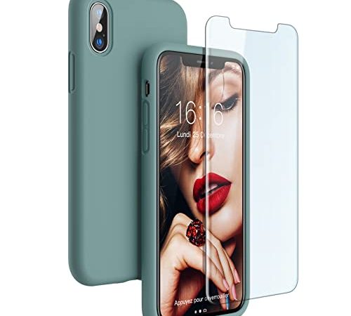 JASBON Coque pour iPhone X/XS Coque Silicone Liquide avec Protecteur d'écran Gratuit, Housse Protective Etui Anti-Rayure Anti-Choc Gel Case iPhone X/XS – Vert Forêt