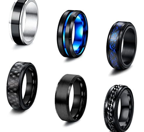 JeweBella 6 PCS Bague Hommes Acier Inoxydable Noir Tournante Chaîne Rock Bague Vintage Gothique Anneaux en Fiber de Carbone Bague Dragon Celtique Bleu Mariage Promise Bande Anneau Taille 54-70