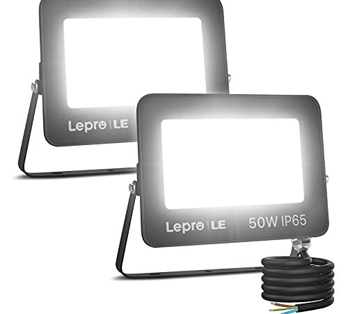 Lepro Lot de 2 Projecteur LED Ultra Mince 50W 4200LM Blanc Froid 5000K Spot LED Extérieur IP65 Étanche Verre Trempé à Grain Fin, Lampe LED Extérieur pour Jardin, Cour, Garage, Entrée