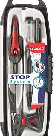 Maped - Coffret Compas Maped Stop System 5 pièces - Système de Verrouillage Breveté - Tracé Parfait - Avec Sécurité Protège Pointe - Compas Mine + Bague + Porte-mine 0.5 mm + Étui et Taille Mines