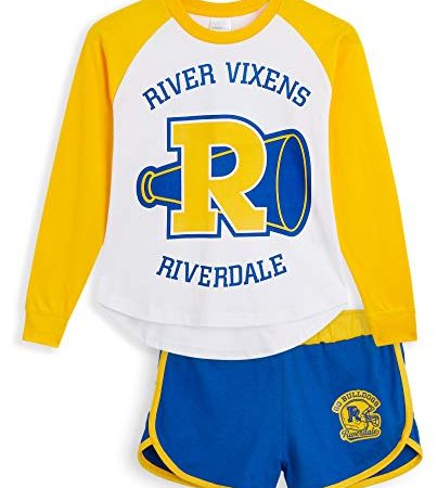 Riverdale Pyjama Fille River Vixens, Ensemble Pyjashort Filles avec Short Coton Et Tee Shirt Manches Longues Pom Pom Girl, Vetements Été Cheerleader, Cadeau Anniversaire Enfant Et Ado (13-14 Ans)