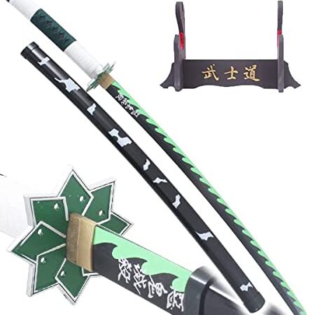 RKS Diffusion Demon Slayer Katana Tout en Bois Lame en Bois Sanemi Shinazugawa Epee en Bois Kimetsu No Yaiba Sabre + Presentoir en Bois Inclus