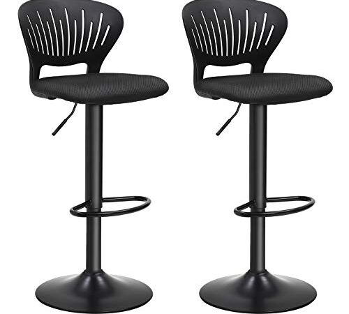 SONGMICS Tabourets de Bar, Lot de 2, Hauteur réglable, Assise rembourrée, Dossier en Forme de Couronne, Tissu Respirant, Pivotant, pour Cuisine, Bar, Noir LJB04BK