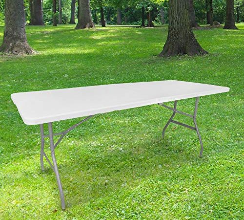 Table Pliante 180 cm d'Appoint Rectangulaire Blanche - Table de Camping 8 personnes L180 x l74 x H74cm en HDPE Haute Densité Épaisseur 3,5 cm - Pieds en Acier Pelliculé Gris - Idéal Cérémonies