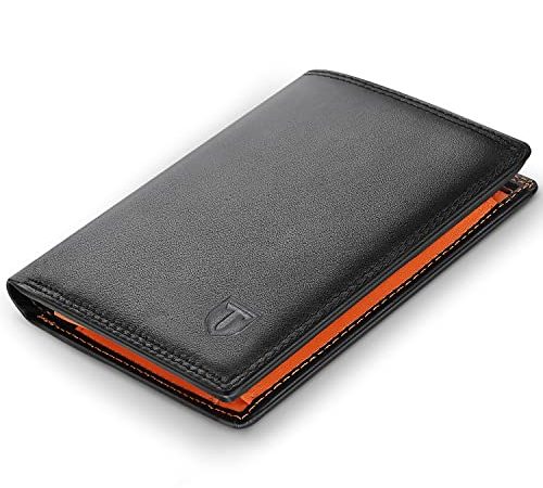 TEEHON® Portefeuille Homme en Cuir Véritable Porte-Monnaie avec Blocage RFID/NFC 13 Porte Carte Crédit, 2 Compartiment à Billets, Grande Poche à Monnaie, Classique Porte Feuille Noir Orange