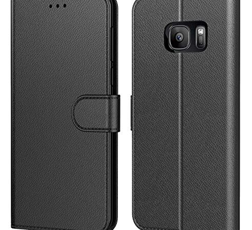 Tenphone Etui Coque pour Samsung Galaxy S7, Protection Housse en Cuir PU Portefeuille Livre,[Emplacements Cartes],[Fonction Support],[Languette Magnétique] pour (Galaxy S7 (5,1 Pouces), Noir)