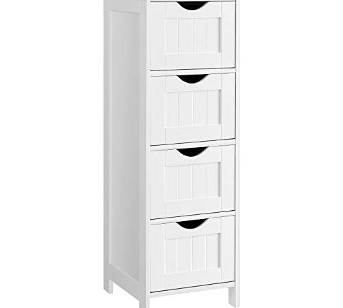 VASAGLE Meuble de Salle de Bain sur Pieds, Placard de Rangement avec 4 Tiroirs, Commode, 30 x 30 x 82 cm, pour Salon, Cuisine et Couloir, Gain de Place, Blanc LHC40W