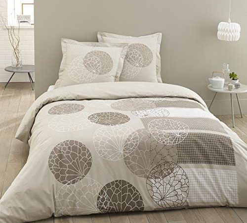 VISION Parure de couette 100% Coton 200x200cm et 2 taies d'oreiller 65x65 cm ADELE Beige