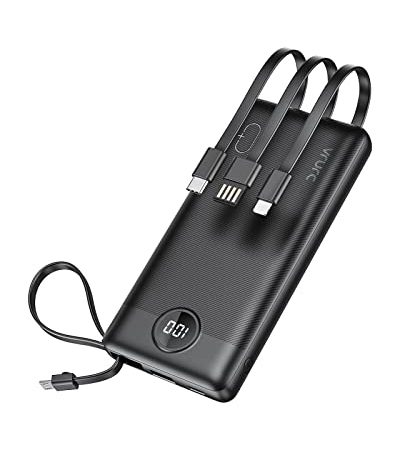 VRURC Batterie Externe 10000mAh Slim Power Bank câble intégré avec 4 Sorties et LED Display Chargeur Portable USB C Charge Rapide Batterie Portable pour iPhone, Samsung, Huawei