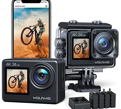 WOLFANG Caméra Sport 4K Selfie Double Écran, GA200 24MP Grand Angle Écran Tactile WiFi Caméra Étanche, Appareil Photo avec EIS Stabilisateur (Télécommande, 4 Piles, Chargeur et Kit d'Accessoires)