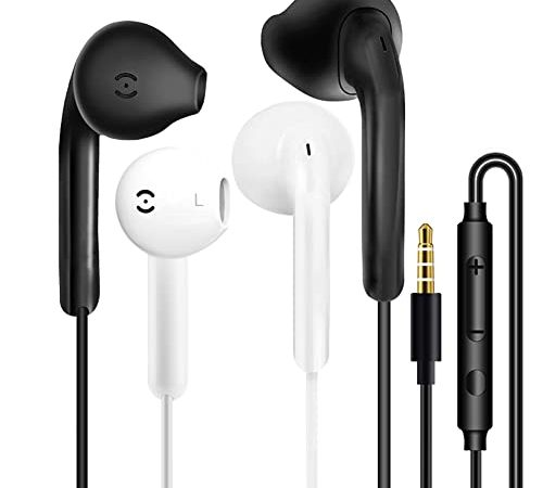 2 Pack Écouteurs Filaire Intra-Auriculaires Oreillettes Filaires Anti-Bruit Casque et ecouteurs Ergonomique Stéréo avec Microphone, Jack 3.5mm Universel pour Samsung Smartphones Android et MP3 etc