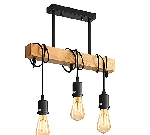 Comely Suspension Luminaire Vintage, Plafonnier Industriel, Réglable Lustre en Bois pour Salle à Manger, Salon, 3 Lumières E27 (Ampoule non Incluse)