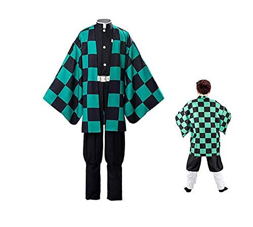 Deciduous Anime Cosplay Costume Demon Slayer Kimetso No Yaiba Tanjiro Kamado Mens Halloween Party Carnival Black Green Kimono Tenue de Jeu de rôle,XL