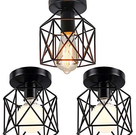 Lot de 3 Plafonniers Industriels, iDEGU 15CM Lustre Fer Forge Noir Cage Suspension Luminaire pour Chambre Entrée Café Bar (3 pcs)