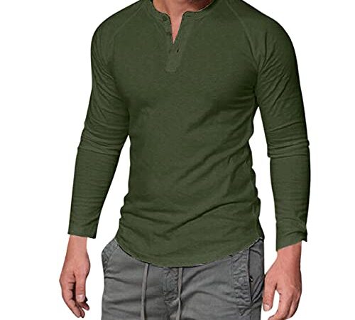 Xiangdanful T-shirt à manches longues pour homme - Respirant - Décontracté - Manches longues - Couleur unie - Coupe droite - Coupe ajustée - Henley - Polo à manches longues, Vert armée., XL