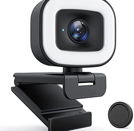 Webcam streaming HD 1080p/60 fps avec anneau de lumière, webcam PC avec double microphone, caméra USB autofocus pour Skype, chat vidéo, Twitch, OBS Xsplit, Hangouts, YouTube, Facebook, Noir