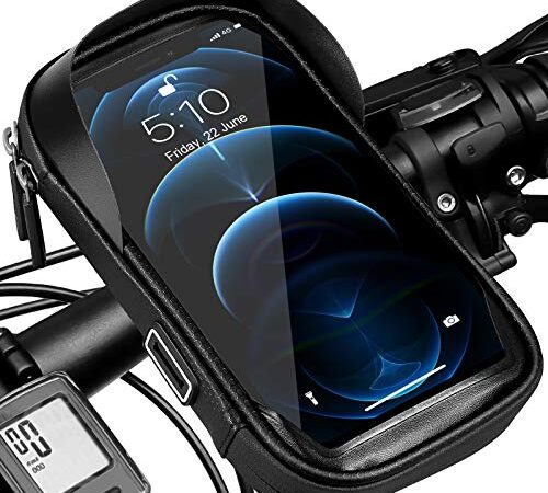 Porte téléphone vélo etanche, Support telephone scooter Sacoche guidon de cadre selle VTT Moto avec étui tactile transparent en TPU, Rotatif à 360 °, Trou d'écouteur pour smartphone de 5,5 à 7,0 pouce