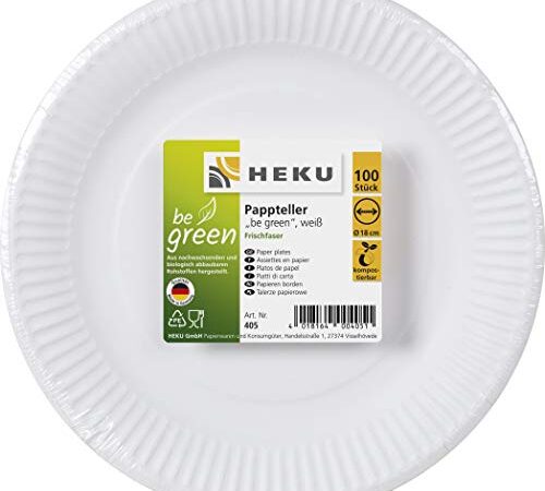 Heku 30405-1: 100 Assiettes en carton blanc, rondes, Ø 18 cm, 100 % fibre fraîche sans revêtement