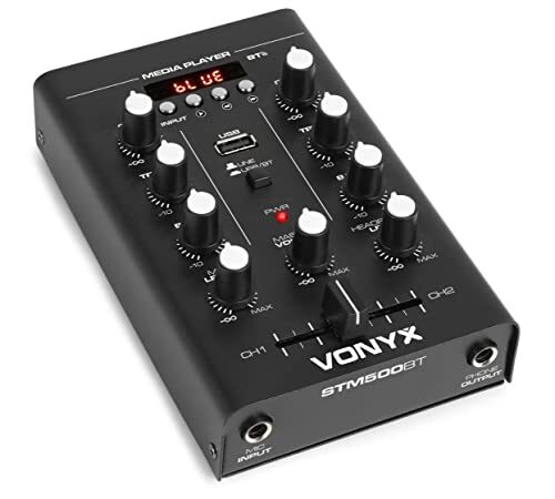 Vonyx STM500BT Table de Mixage 2 canaux, Entrée USB, MP3 et Bluetooth, Crossfader, Equalizer 2 bandes, Entrée micro et sortie casque, Lecteur Média avec Affichage, DJ Sound Effect
