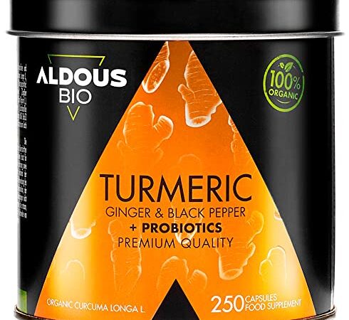 250 Gélules de Curcuma BIO + PROBIOTIQUES - Avec Gingembre et Poivre Noir | 1460mg par Jour pour 4 Mois | Source de Curcumine Bio et Piperine | Haute Absorption | Curcuma Gelules Sans Excipients