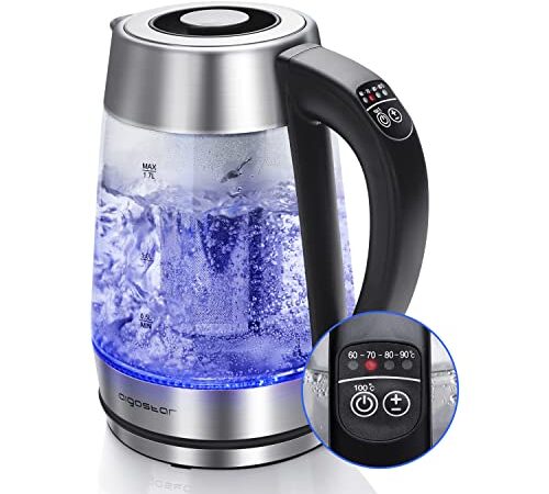 Aigostar Cris - Bouilloire en verre Température Réglable 2200W, 1.7L. Thermostat Réglable (60 à 100ºC) et fonction maintien au chaud, Filtre à thé amovible, éclairage LED de couleurs, Sans BPA.