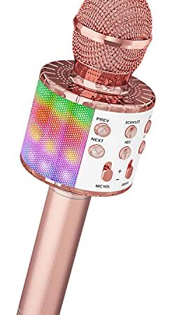 Ankuka Microphone sans Fil Karaoké, Micro Karaoke Enfant avec Lumières LED de Danse, Microphone Bluetooth pour Enfants Fille Garcon pour Fête Chanter Idée Cadeau de Noël Anniversaire Or Rose