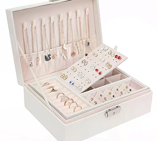 BELSVOR Boite a Bijoux pour Femme Filles, Boite à Bijoux 2 Couches, Rangement Bijoux Verrouillable avec Clef, Boite a Bijoux en Cuir Imperméable, Boite à Bijoux pour Ranger Bagues/Colliers/Montres