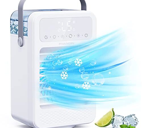 FIVANGIN Climatiseur Portable, 5 en 1 Refroidisseur d'air, 600ML Climatiseur Mobile Silencieux Ventilateur avec 3 Modes, 5 Vitesses, 8H Minuterie, Oscillation 90°, LEDs Colorées, Affichage LCD
