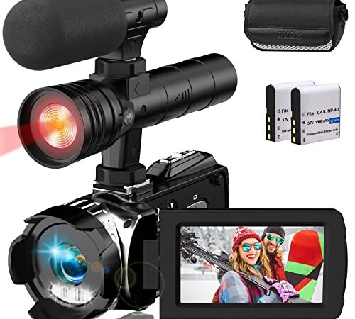 Hojocojo Caméscope 4K Caméra Vidéo UHD 48 MP IR Version Nuit Caméra Vlog, 60 FPS 24X Zoom Numérique 3" Écran Rotatif IPS Caméra Youtube avec Microphone LED Fill Light 2 Batteries