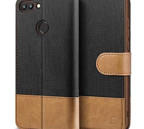 BEZ Coque pour Huawei P Smart, Etui Huawei P Smart 2017 Housse en Cuir de Protection, Portefeuille en Cuir Polyuréthane, Crochet, Pochette pour Monnaie, Fermeture Magnétique, Noir