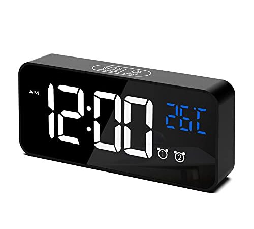 CHEREEKI Réveil Numérique, Horloge Numérique LED Horloge Digitale Réveil Aver Température/Snooze/ 2 Alarme/12/24 Heures/Port de Recharge USB/10 musiques